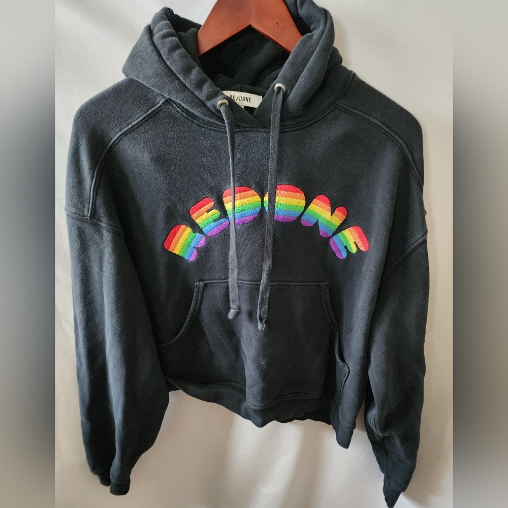 Re/done Black Hoodie with Rainbow Logo. Size XS